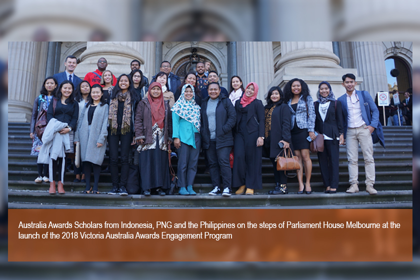A group of scholars from Indonesia posing for photograph in front of Parliament House Melbourne