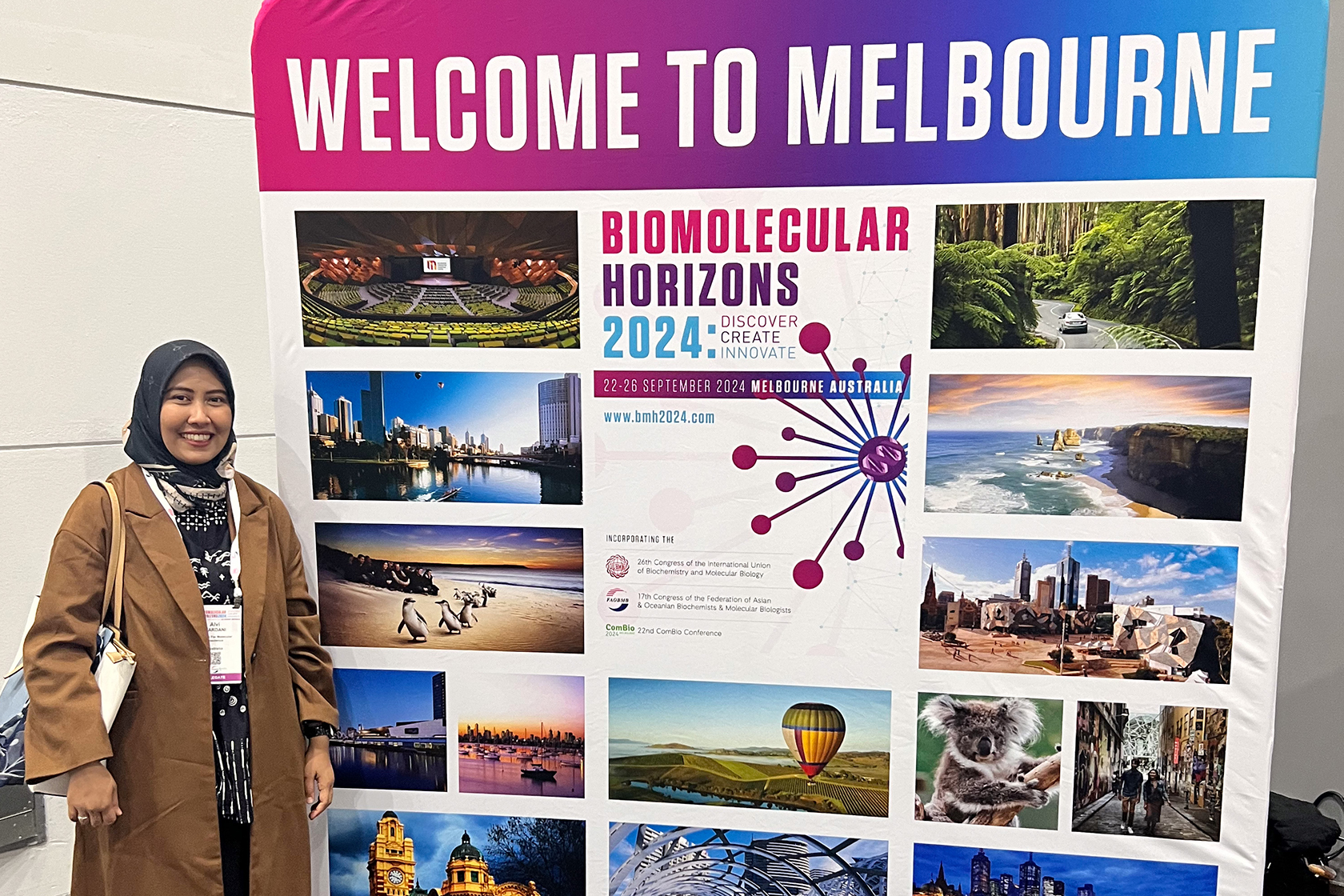 Alvi Kusuma Wardani — HSP Recipient. Alvi presented her research at Biomolecular Horizons in Melbourne, gaining connections with Australian researchers. At ICAPPS in Yogya, she reconnected with colleagues and explored collaborations, including with BRIN.