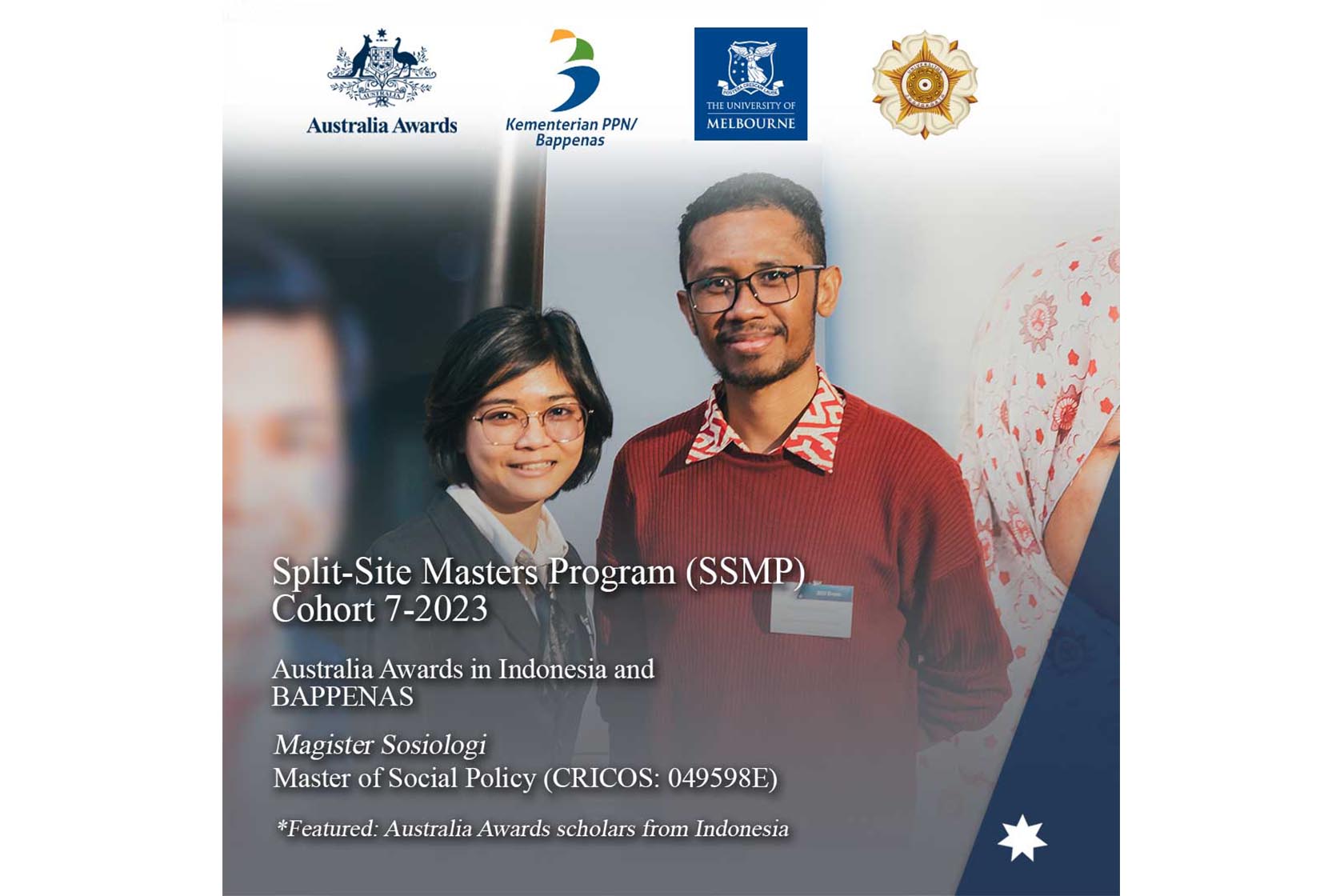 Poster featuring Australia Awards scholars from Indonesia, smiling and inviting Indonesian civil servants to apply for the Split-site Masters Program.