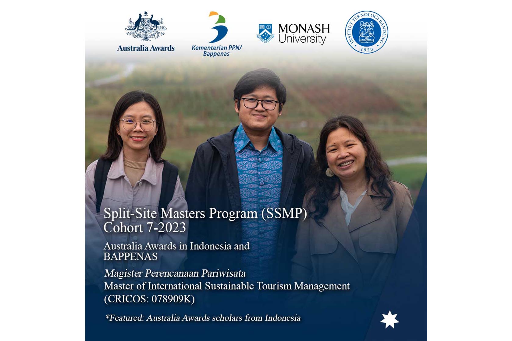 Poster featuring Australia Awards scholars from Indonesia, smiling and inviting Indonesian civil servants to apply for the Split-site Masters Program.